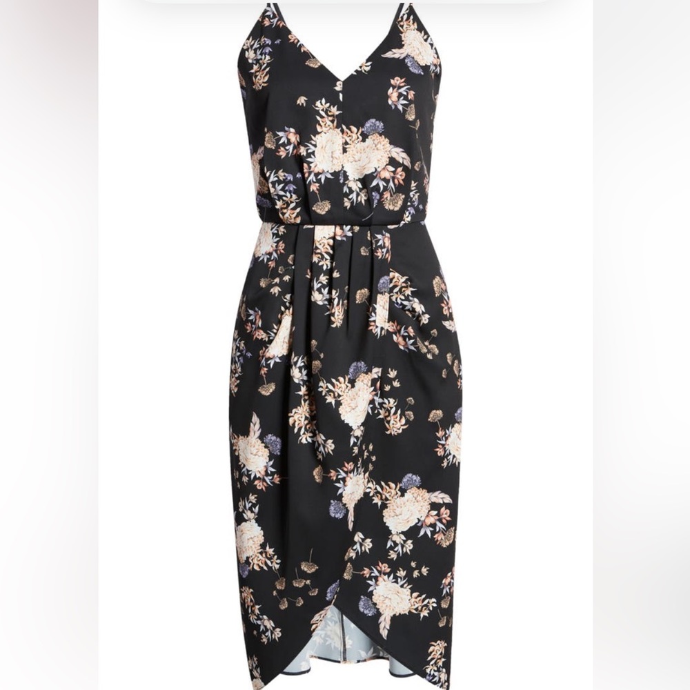 BNWT Chelsea28 Nordstrom Faux Wrap Dress in Black Brocade Blossom - Picture 2 of 7